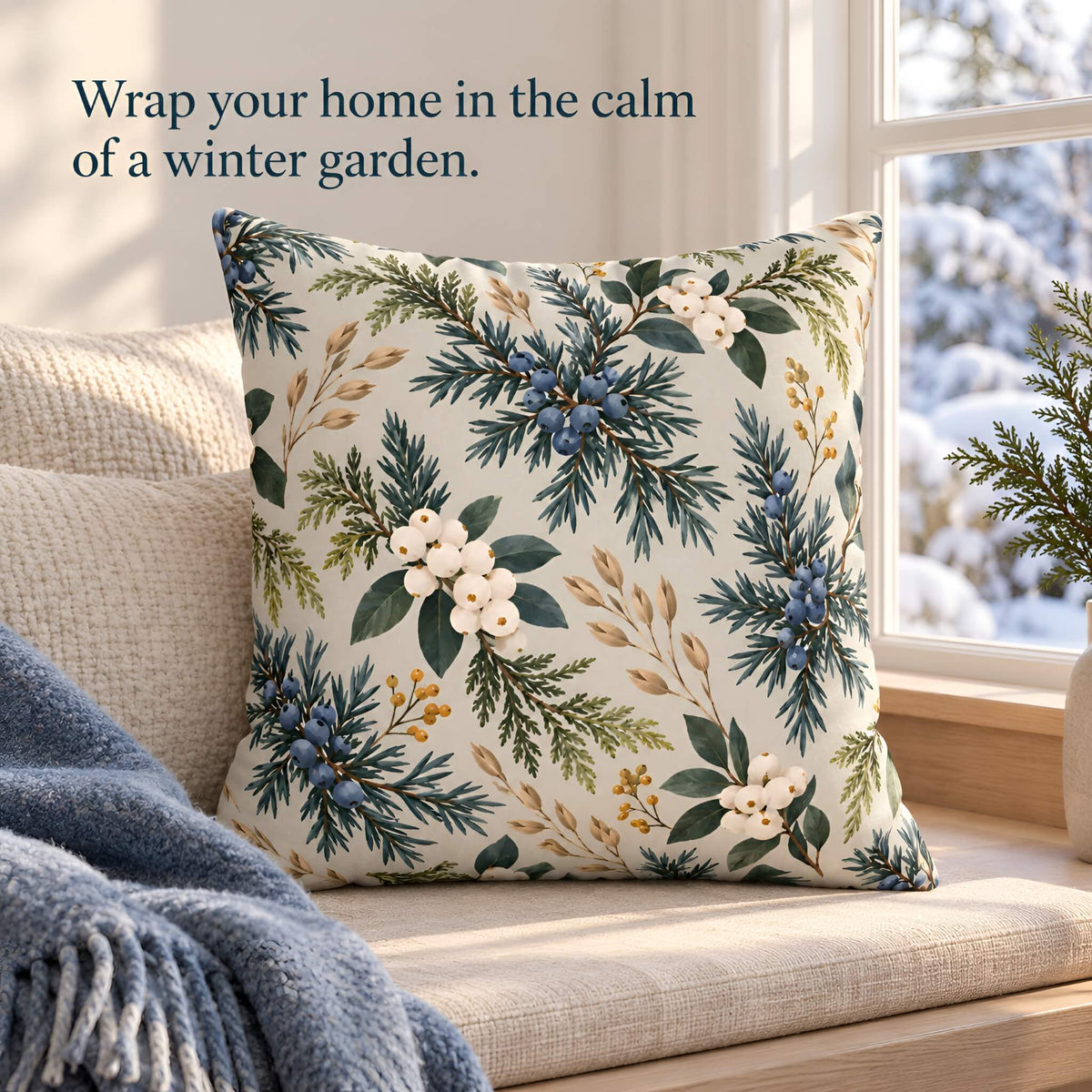 A throw pillow cover with a winter garden botanical pattern sits on a beige upholstered window seat. The pillow features a cream background with green pine branches, blue berries, and white flowers.