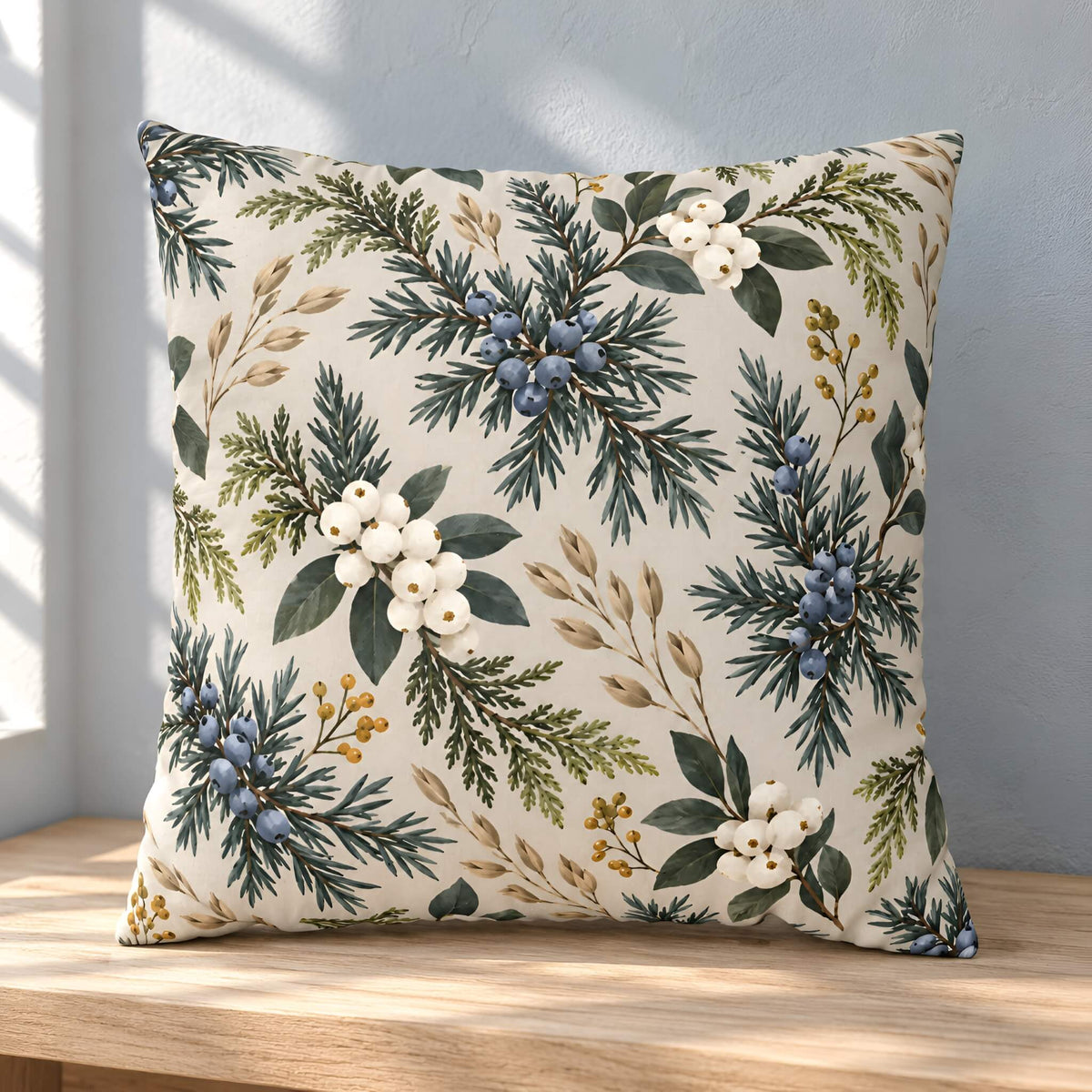 A square decorative throw pillow cover with a botanical pattern of pine branches, blue berries, and white flowers on a cream background, resting on a wooden bench against a gray wall.