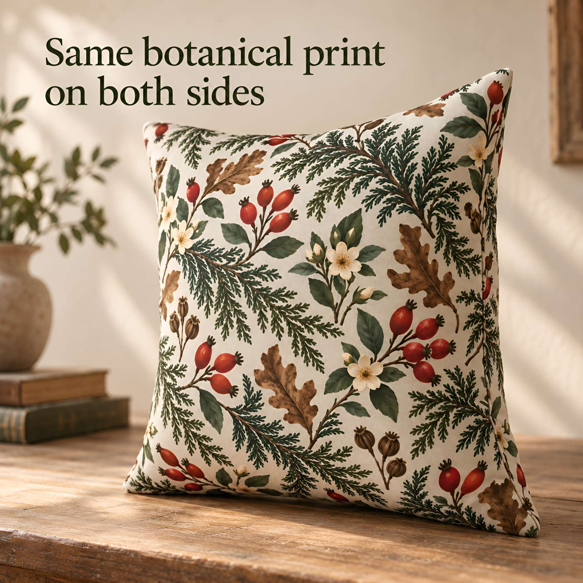 A square decorative throw pillow cover with a botanical print of green foliage, red berries, and small cream flowers on a warm cream background, styled on a wooden table with text overlay reading 'Same botanical print on both sides'.