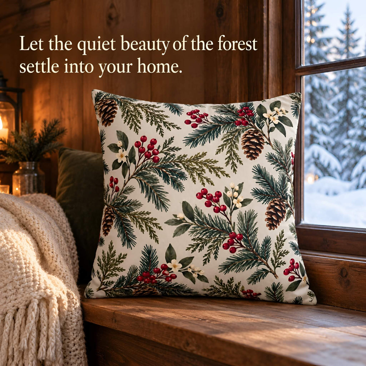 A winter decorative throw pillow cover with a winter forest print featuring pine branches, red berries, and pinecones on a cream background, styled on a wooden windowsill in a cozy room with a blanket and a snowy outdoor view.