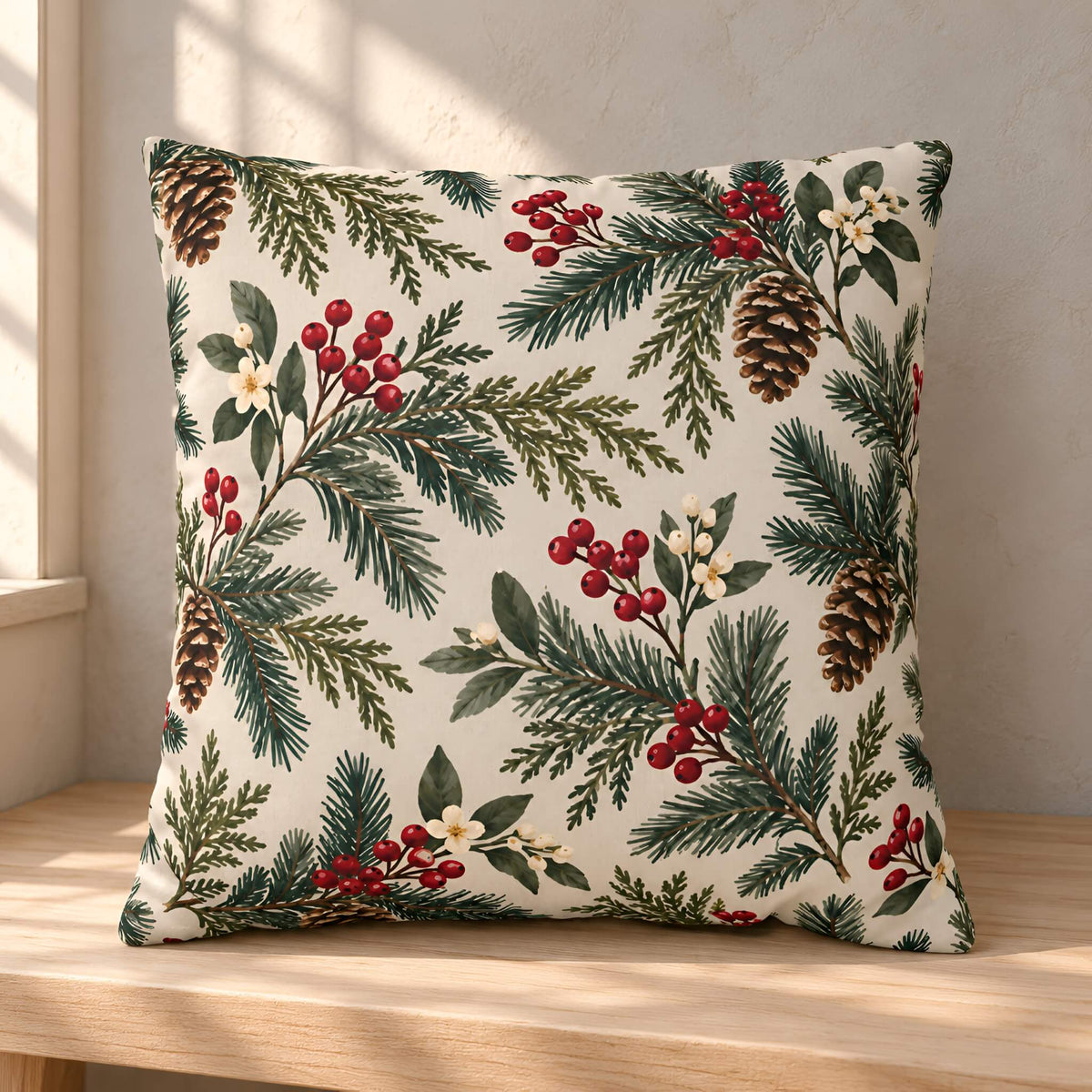 A pinecone throw pillow cover with a festive Christmas print featuring pine branches, pinecones, red berries, and small white flowers on an off-white background, resting on a wooden bench.