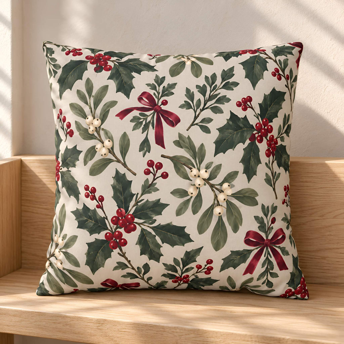 A 20x20 decorative throw pillow cover with a festive holly and berry print, resting on a light wood bench against a neutral wall.
