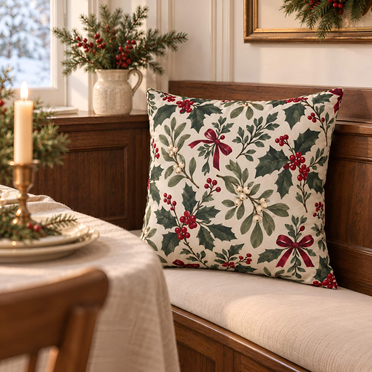 A square decorative pillow cover with a holly and berry print sits on a wooden bench in a cozy dining room setting.