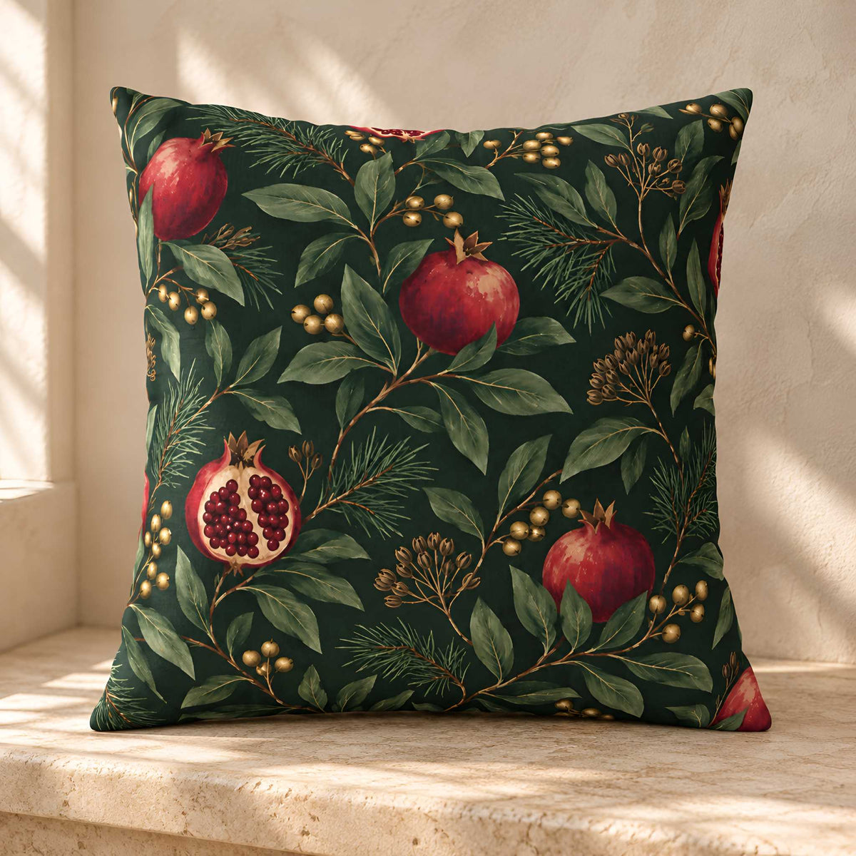 Pomegranate botanical pillow cover with red fruit, deep green foliage and small blossoms on a neutral bench