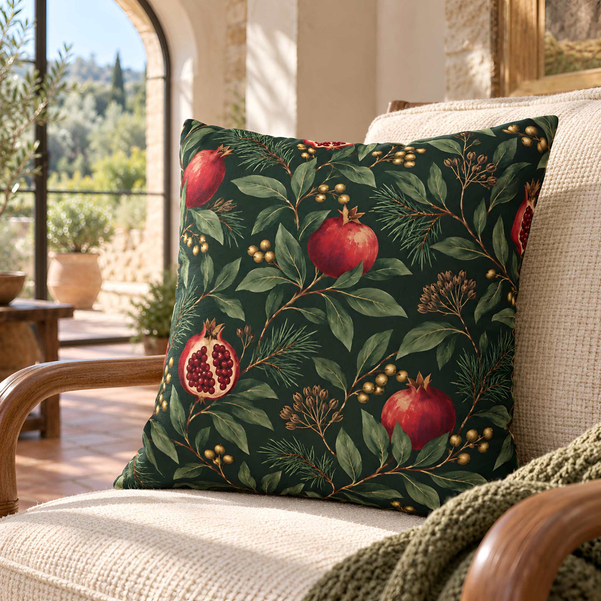 Pomegranate botanical pillow cover with rich red fruit and dark green leaves styled on a neutral bed.