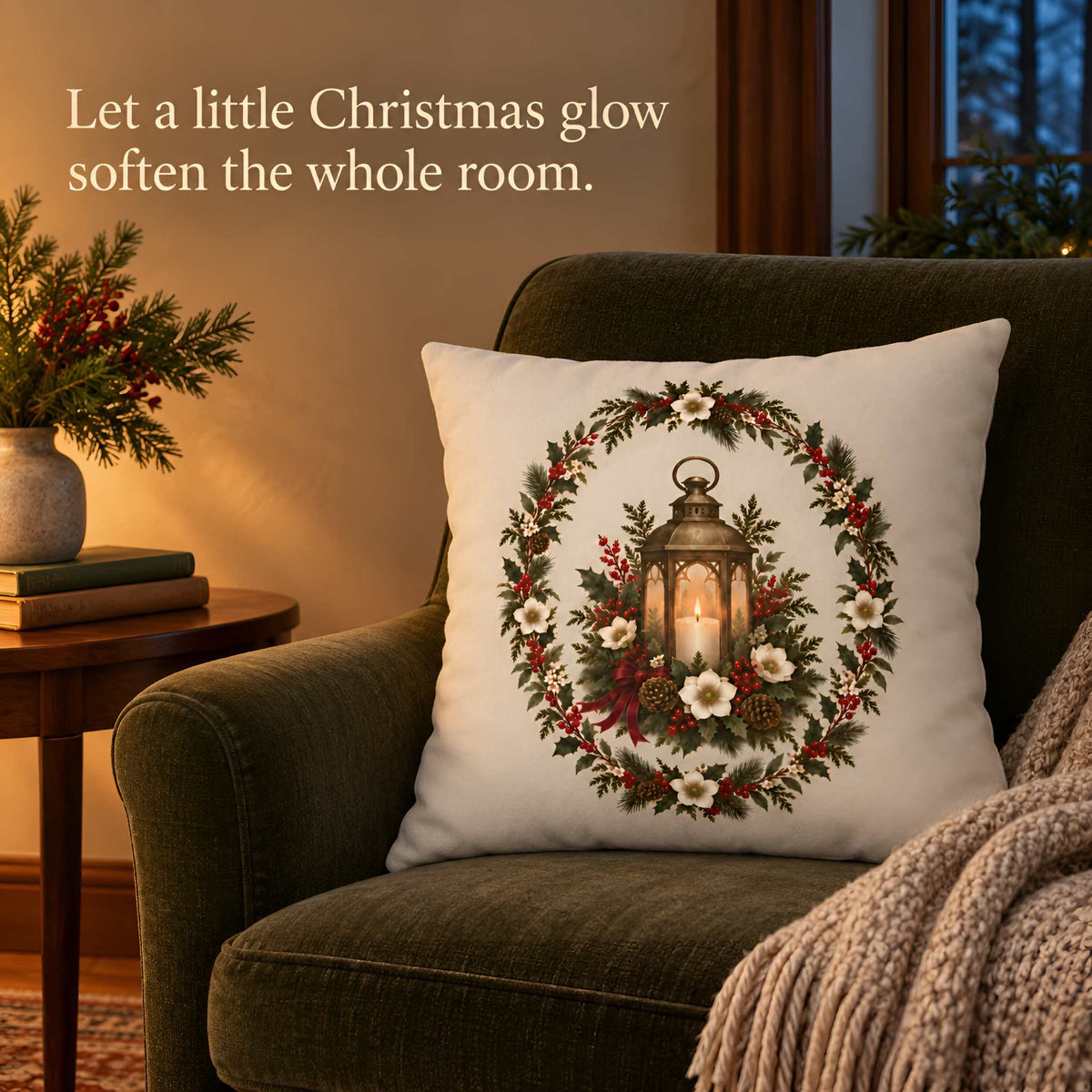 Christmas Lantern Pillow Cover, 18x18 or 20x20 | Yuletide Lantern