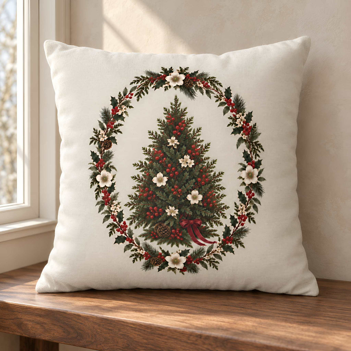 A greige square throw pillow with a vintage-style Christmas wreath and tree design, resting on a wooden windowsill.