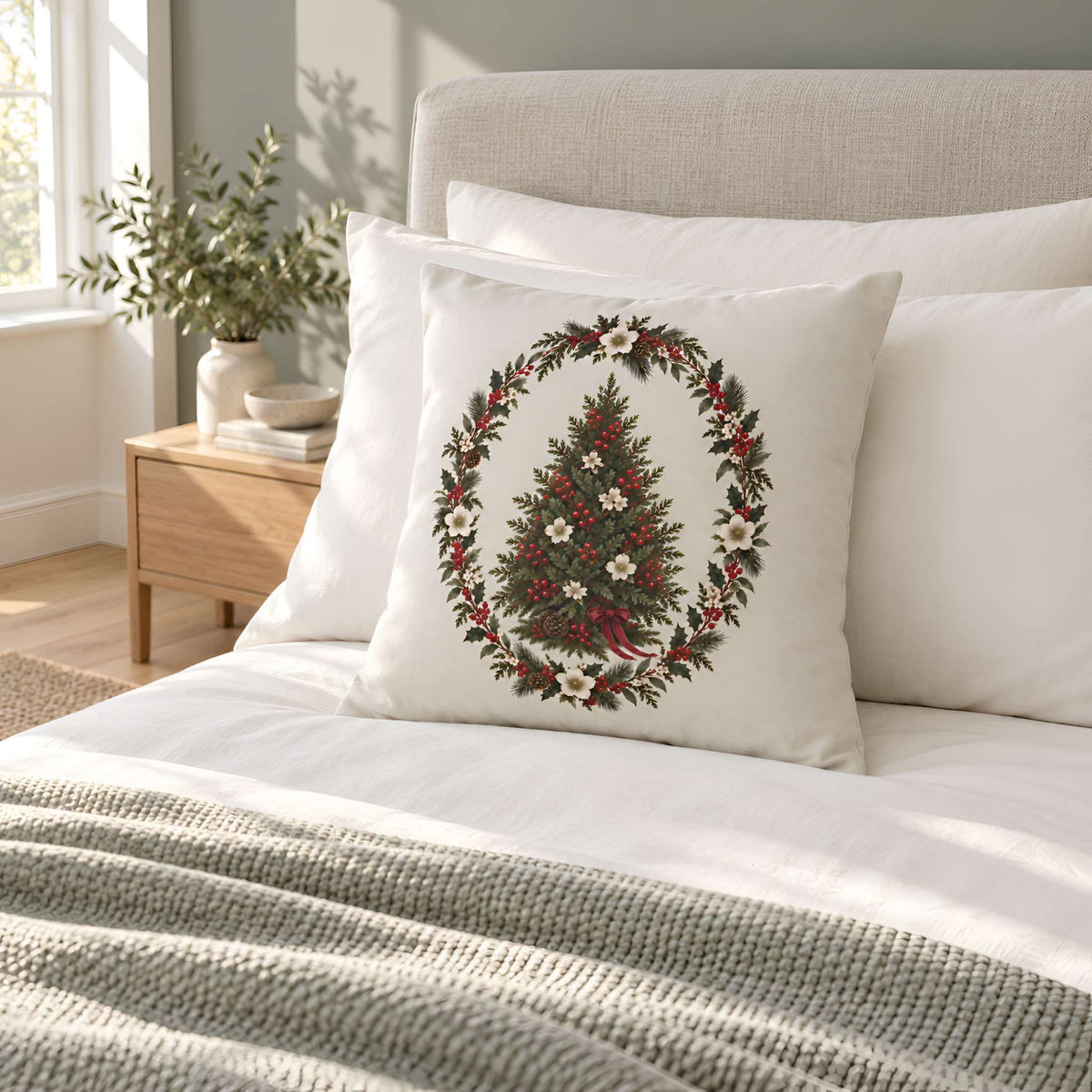 A decorative throw pillow cover with a Christmas tree wreath design, styled on a bed with white bedding and a textured gray blanket in a bright, modern bedroom.