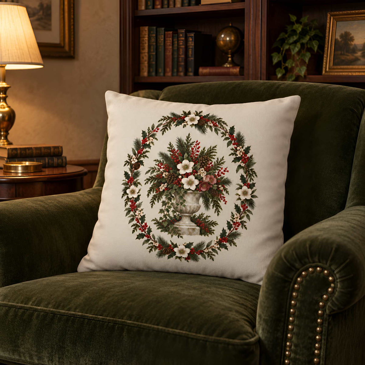 Christmas Floral Pillow Cover, 18x18 or 20x20 | Yuletide Bouquet