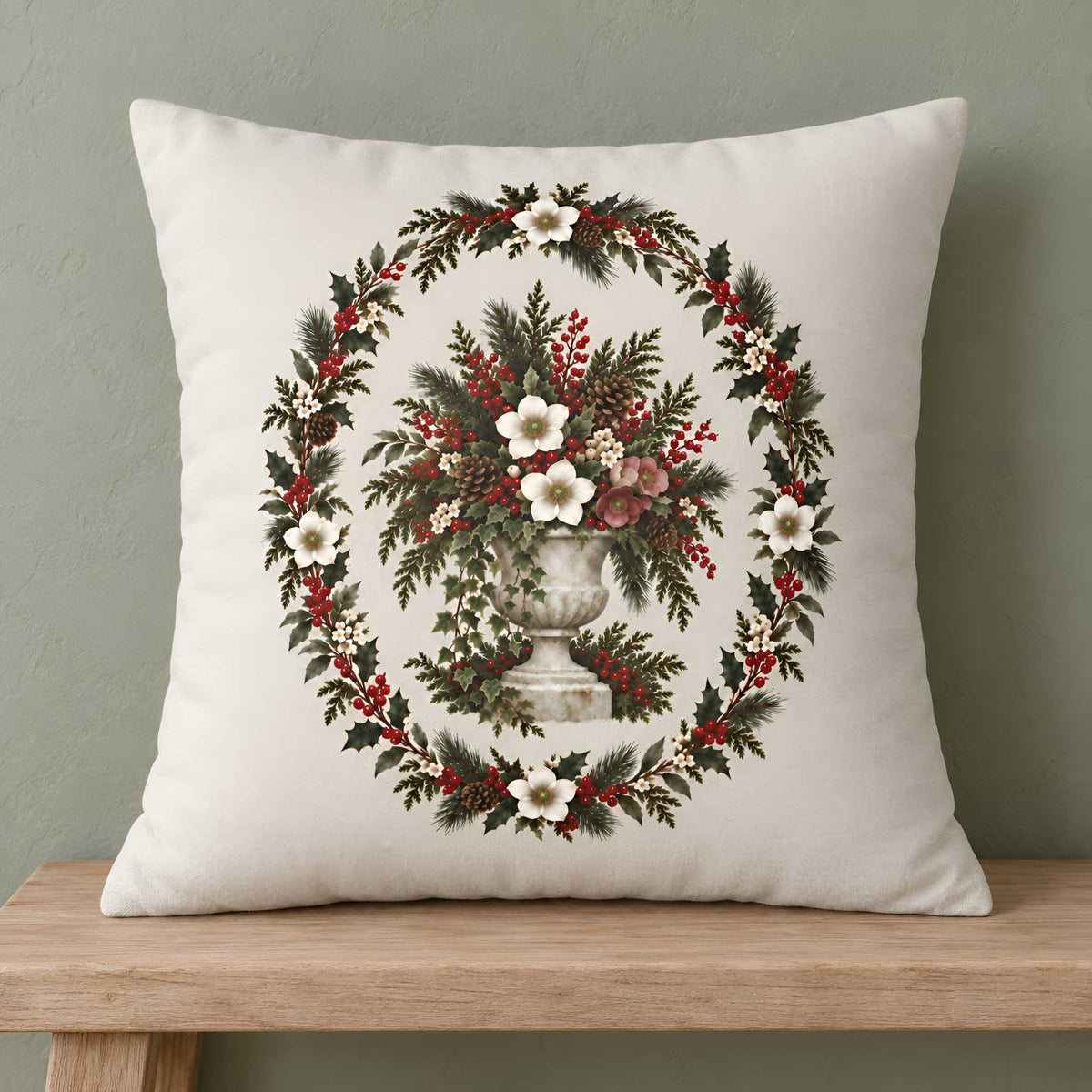 Christmas Floral Pillow Cover, 18x18 or 20x20 | Yuletide Bouquet