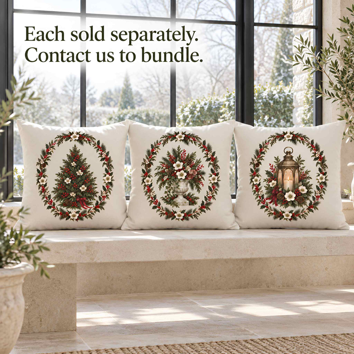 Three square vintage Christmas throw pillow covers displayed on a stone bench in front of large windows. Each pillow features a circular holiday wreath design with different motifs: a Christmas tree, a floral wreath, and a lantern.
