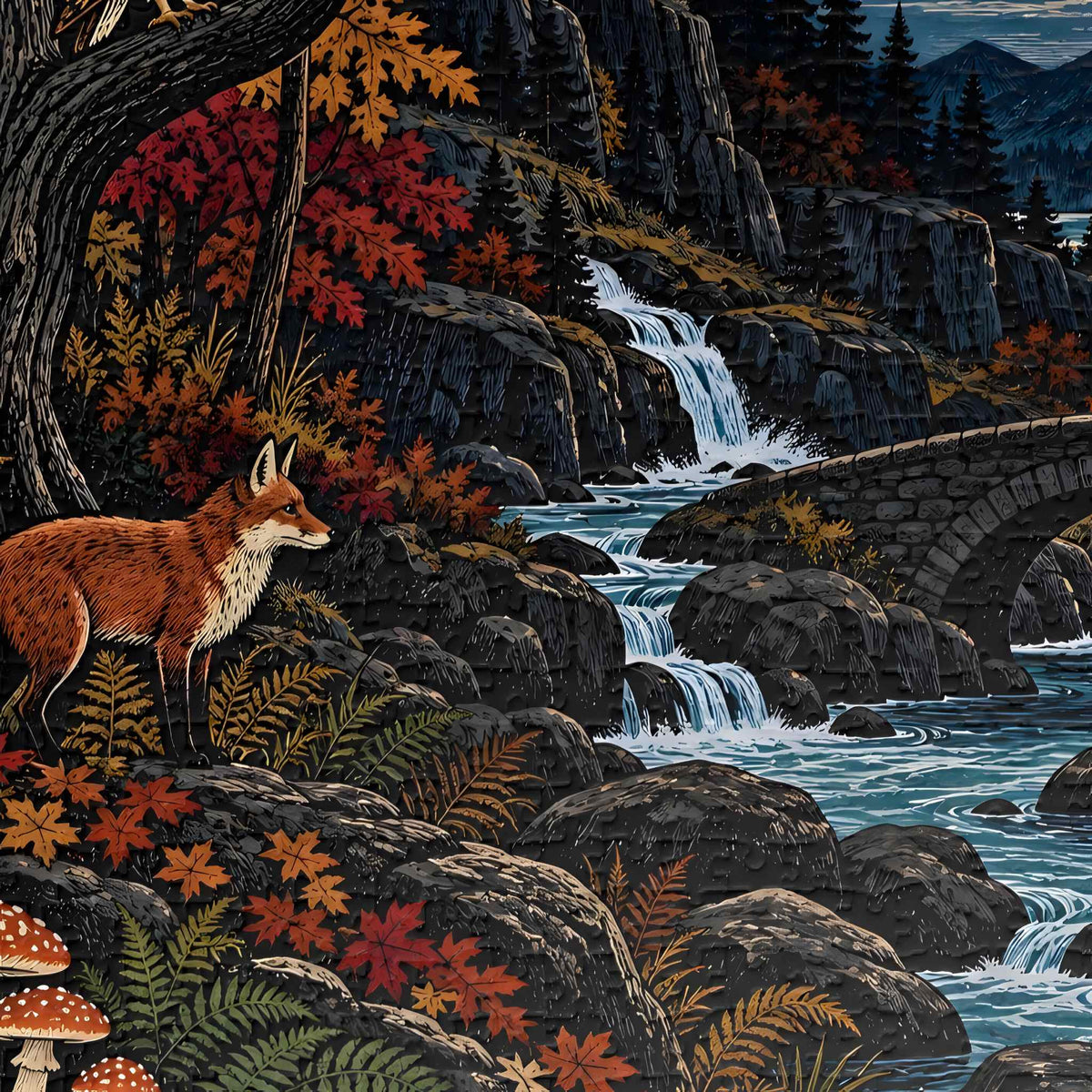 Fall Owl and Fox Jigsaw Puzzle, 500 or 1000 Pieces | Moon Ravine