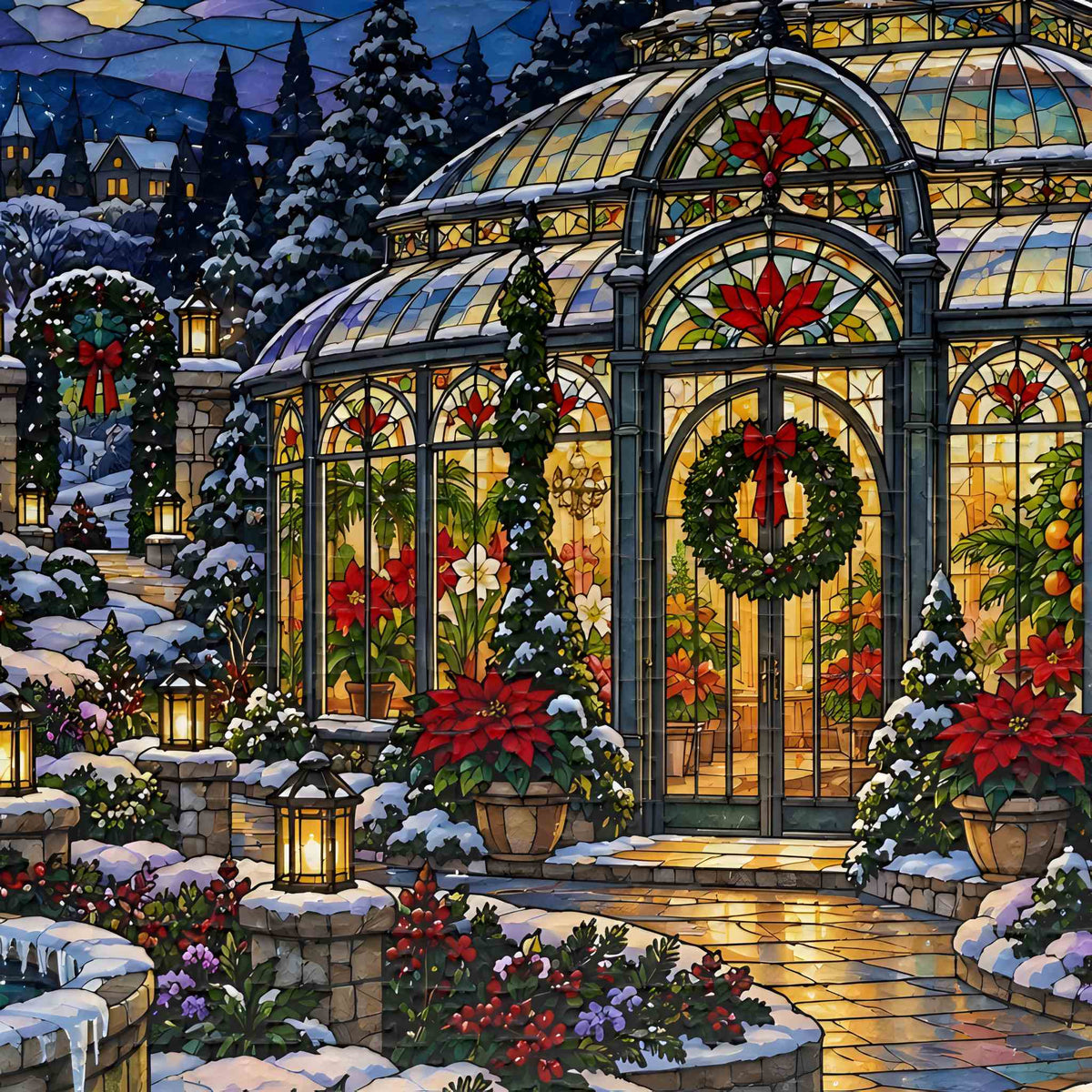 A festive stained-glass-style winter garden scene with a large glass conservatory covered in snow, decorated with wreaths, red bows, poinsettias, evergreen trees, lanterns, and warm glowing windows against a snowy outdoor village background.