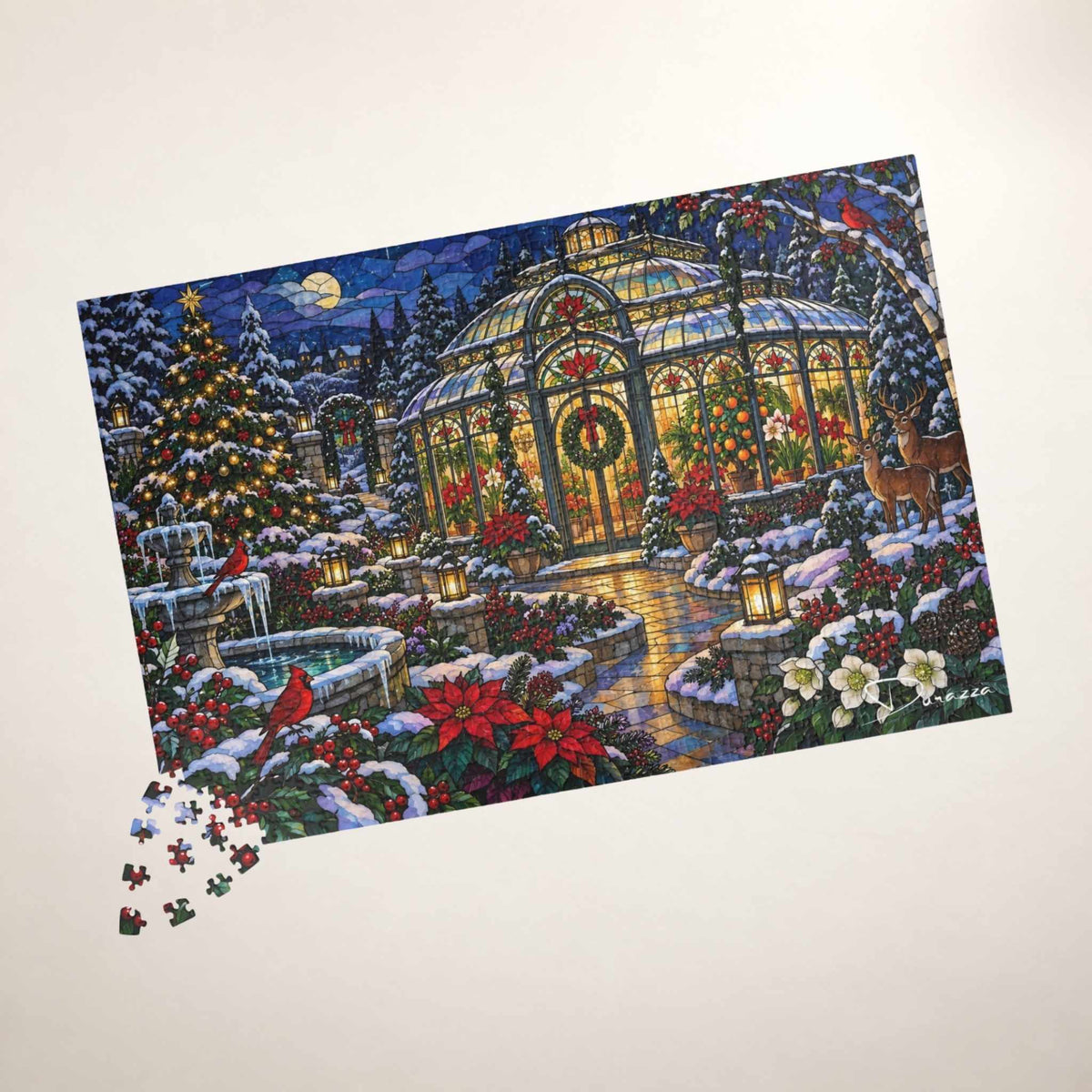 A completed jigsaw puzzle depicting a festive winter conservatory scene with snow-covered trees, a glass pavilion, red poinsettias, lit lanterns, and birds, shown on a light beige background with a few loose puzzle pieces at the lower left.