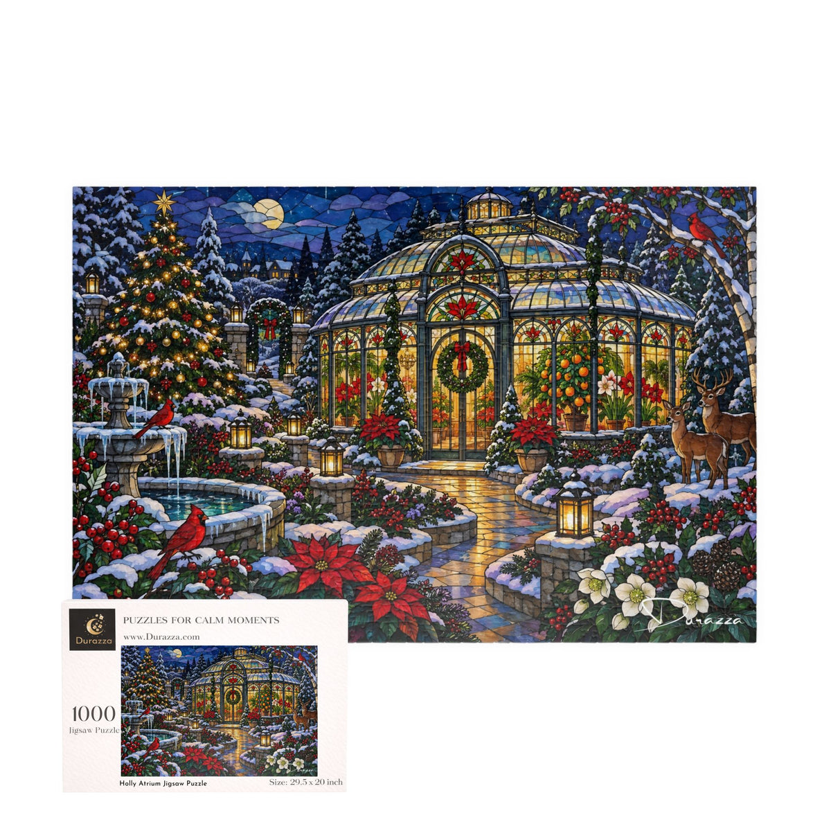 A 1000-piece Christmas jigsaw puzzle box shown alongside the completed puzzle artwork. The scene depicts a festive winter garden conservatory at night, surrounded by snow-covered Christmas trees, red poinsettias, lit lanterns, deer, and cardinals under a full moon.