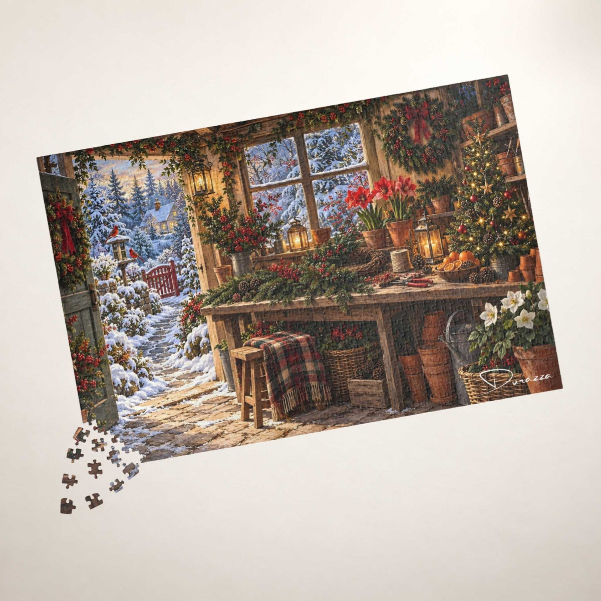 A completed jigsaw puzzle showing a cozy indoor winter scene with a snowy outdoor view, displayed at an angle on a light beige background with a small cluster of loose puzzle pieces in the lower left corner.