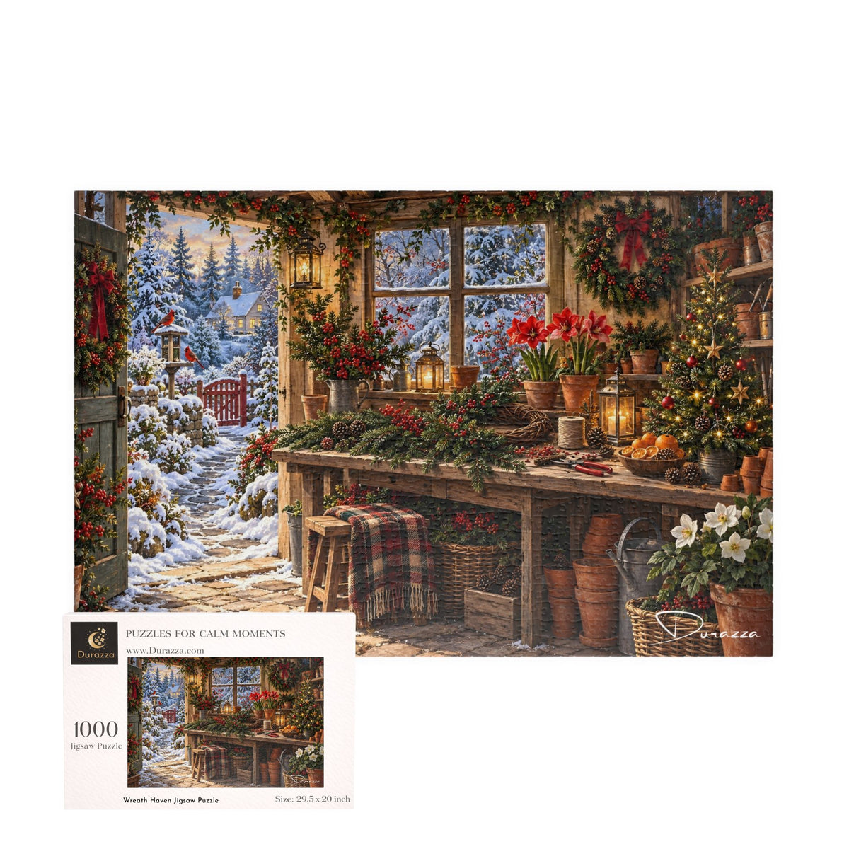 A 1000-piece jigsaw puzzle by Durazza is shown with its product box. The puzzle features a cozy, rustic greenhouse or garden shed interior decorated for winter, with a snowy outdoor scene visible through the window.