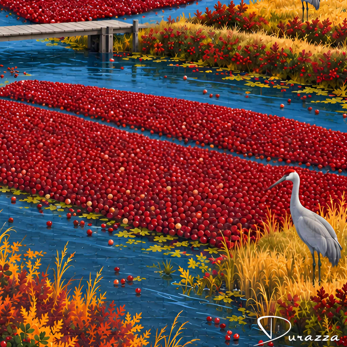 A stylized landscape puzzle scene showing a river or marsh with long rows of red berries floating on the blue water, golden reeds, red flowers, and a white heron standing on the right. The signature 'Durazza' appears in the lower right corner.