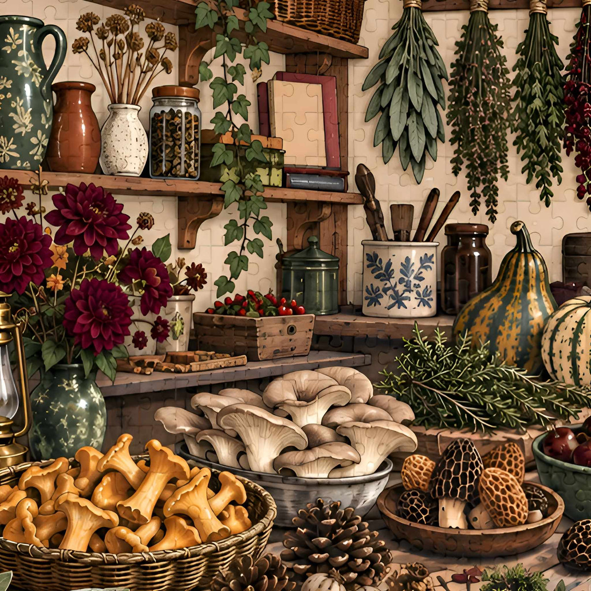 A rustic, highly detailed scene from a jigsaw puzzle filled with various mushrooms, dried herbs, flowers, and kitchen items arranged on shelves and tables.