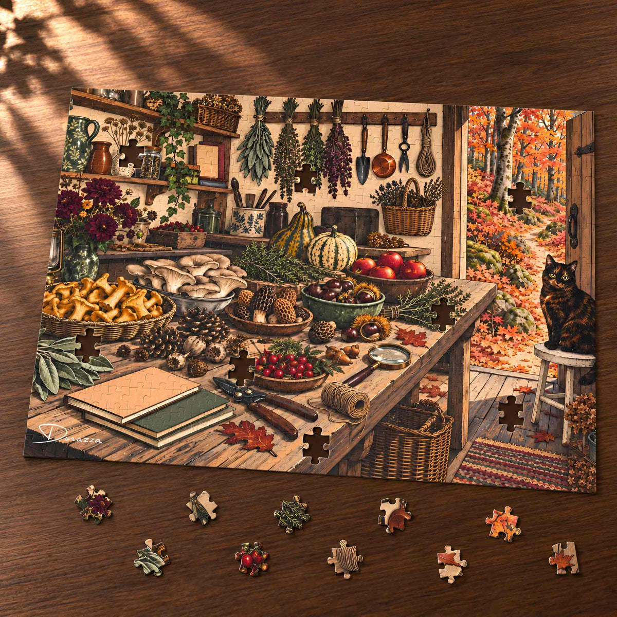 A completed rustic autumn-themed jigsaw puzzle on a table, with loose puzzle pieces scattered in front. The puzzle artwork depicts a cozy indoor harvest scene with a table full of fruits, vegetables, and fall decorations, hanging herbs, a cat on a stool, and an outdoor fall forest path.