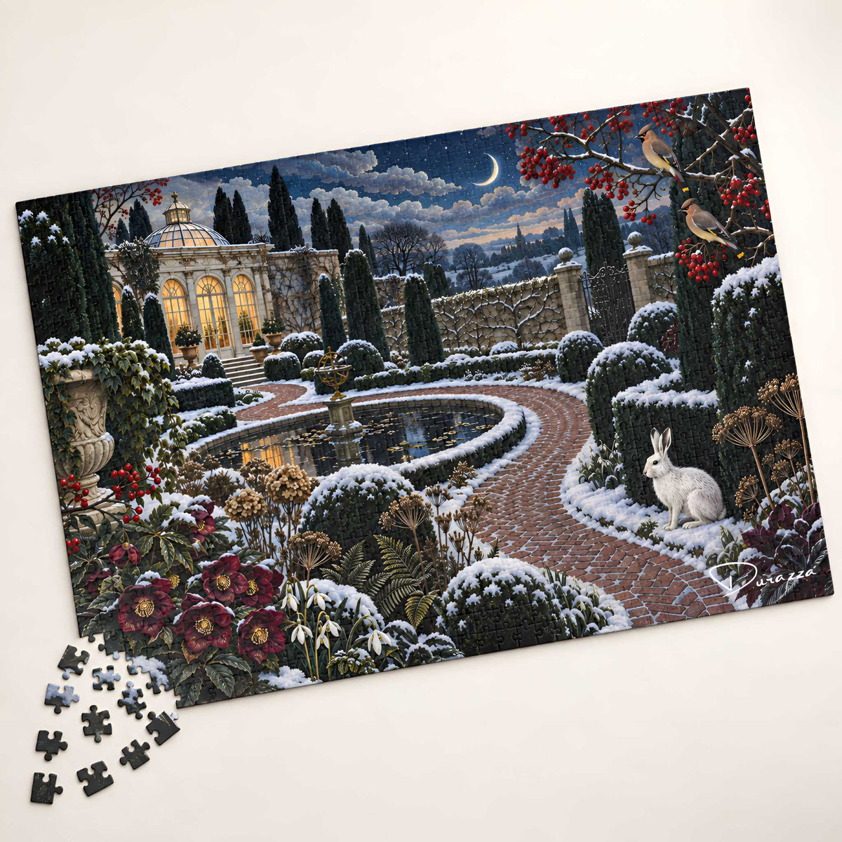 A completed jigsaw puzzle showing a snowy garden scene with a fountain, pathway, flowers, trees, and a moonlit sky, photographed on a light neutral background with a few loose puzzle pieces at the lower left.