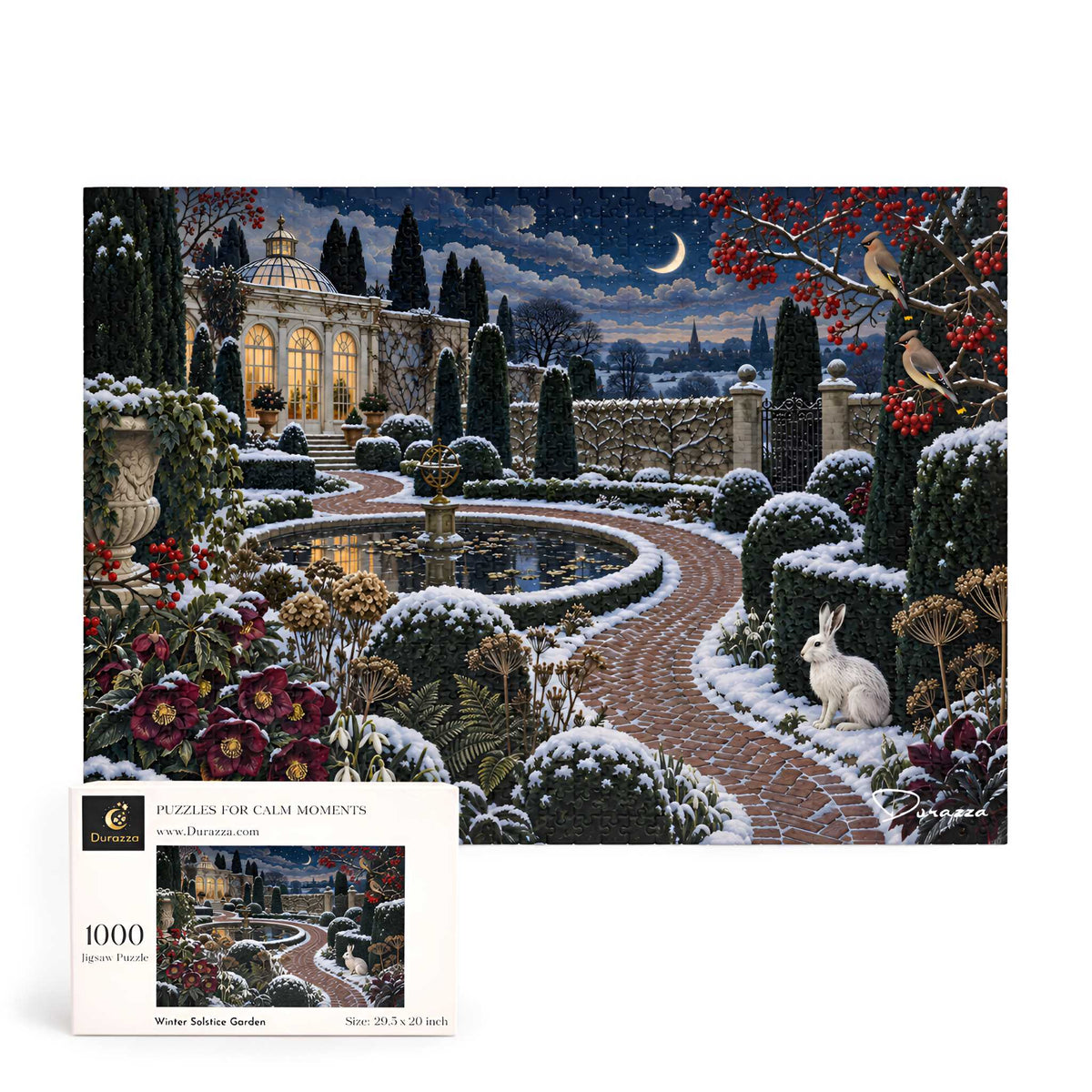 A 1000-piece jigsaw puzzle box shown in front of its completed puzzle artwork. The scene depicts a snowy winter garden with a stone pavilion, winding brick path, snow-covered shrubs, a white rabbit, birds, and a crescent moon in the night sky.