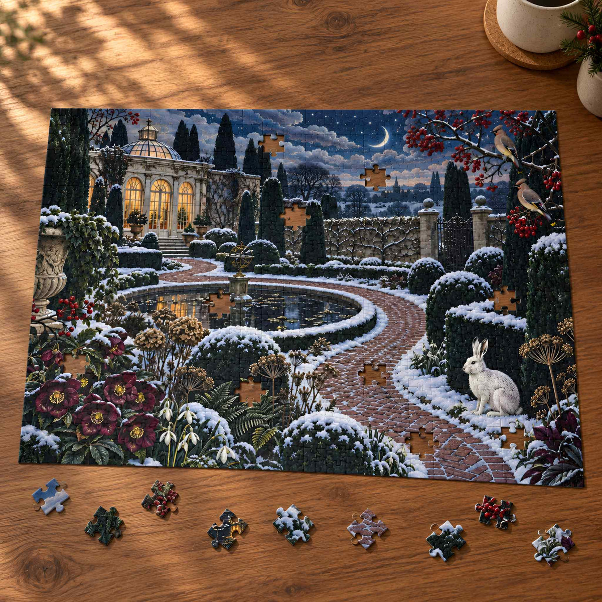 A completed jigsaw puzzle showing a snowy winter garden scene with a pavilion, winding path, pond, flowers, and a white rabbit, displayed on a wooden table with loose puzzle pieces in front.