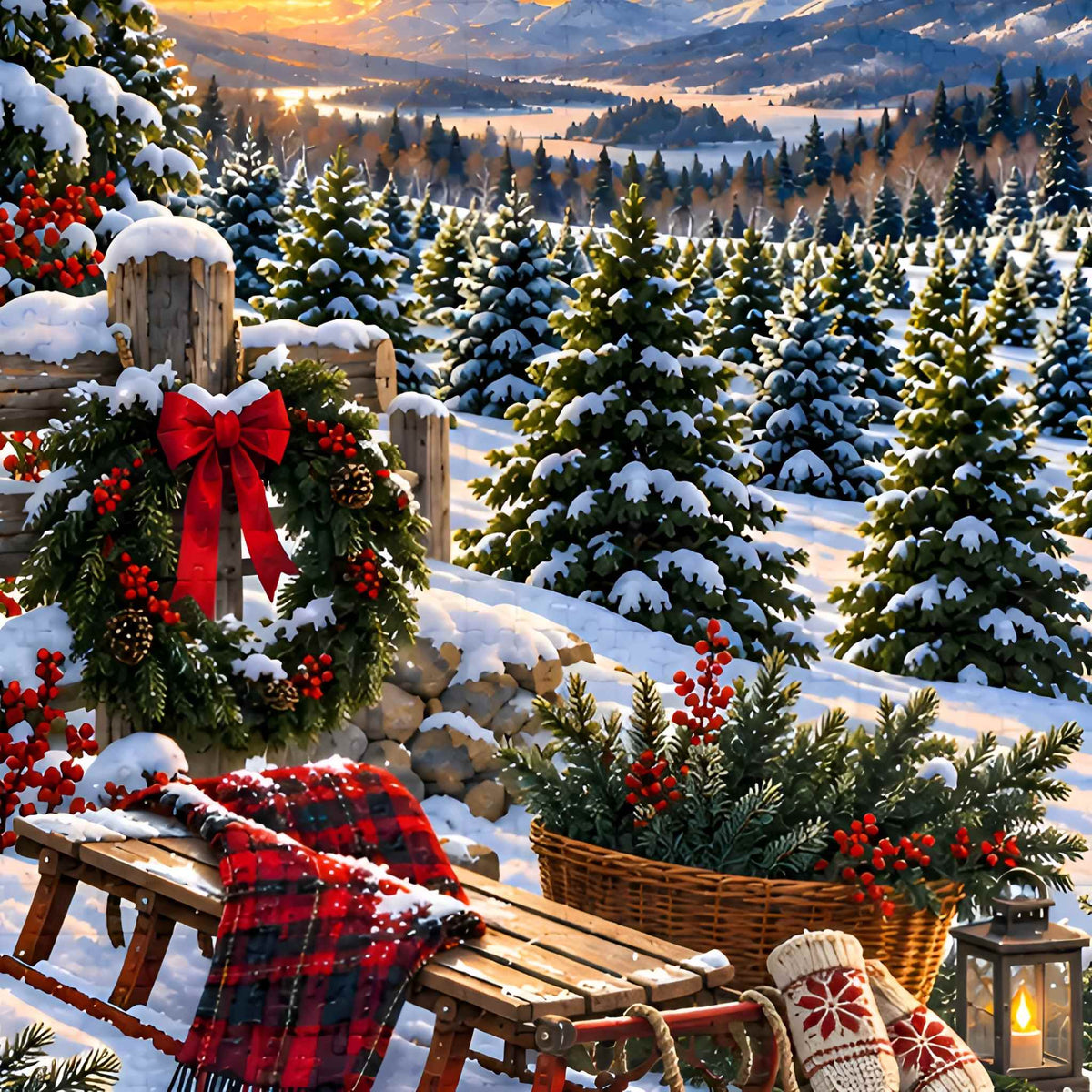 A festive winter holiday jigsaw puzzle featuring a snow-covered evergreen wreath with a large red bow and red berries in the foreground, along with a wooden sled draped with a red plaid blanket, knit red-and-white mittens, and a wicker basket holding more evergreen branches with red berries. 