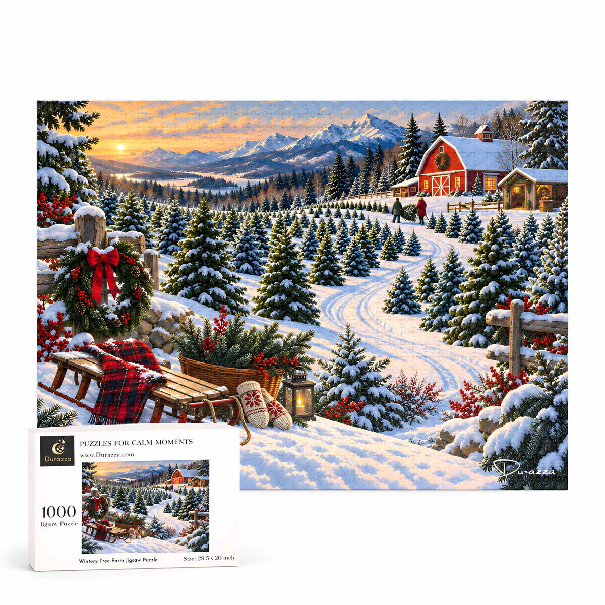 A 1000-piece jigsaw puzzle box is shown in front of a completed Christmas tree farm landscape puzzle. The scene features a snowy mountain village with a red barn, evergreen trees, mountains, and a sunset sky.