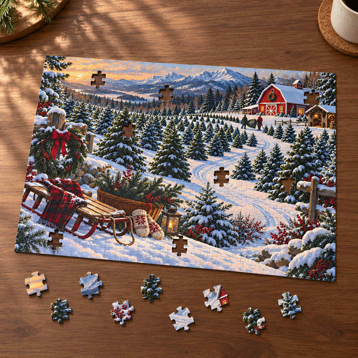 A completed Christmas landscape jigsaw puzzle on a wooden tabletop, showing a snowy Christmas scene with a red barn, evergreen trees, mountains, and a sleigh. Several loose puzzle pieces are scattered in front of the puzzle.