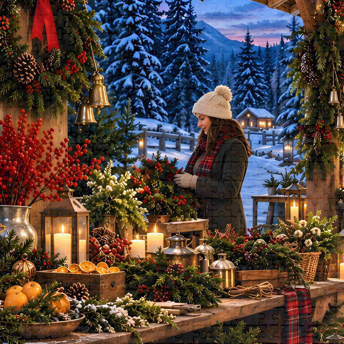 A Christmas wooden jigsaw puzzle of a woman in a cozy winter outfit stands behind a rustic wooden table decorated for Christmas, surrounded by green garlands, red berries, candles, pinecones, and winter fruits, with a snowy mountain village scene in the background.