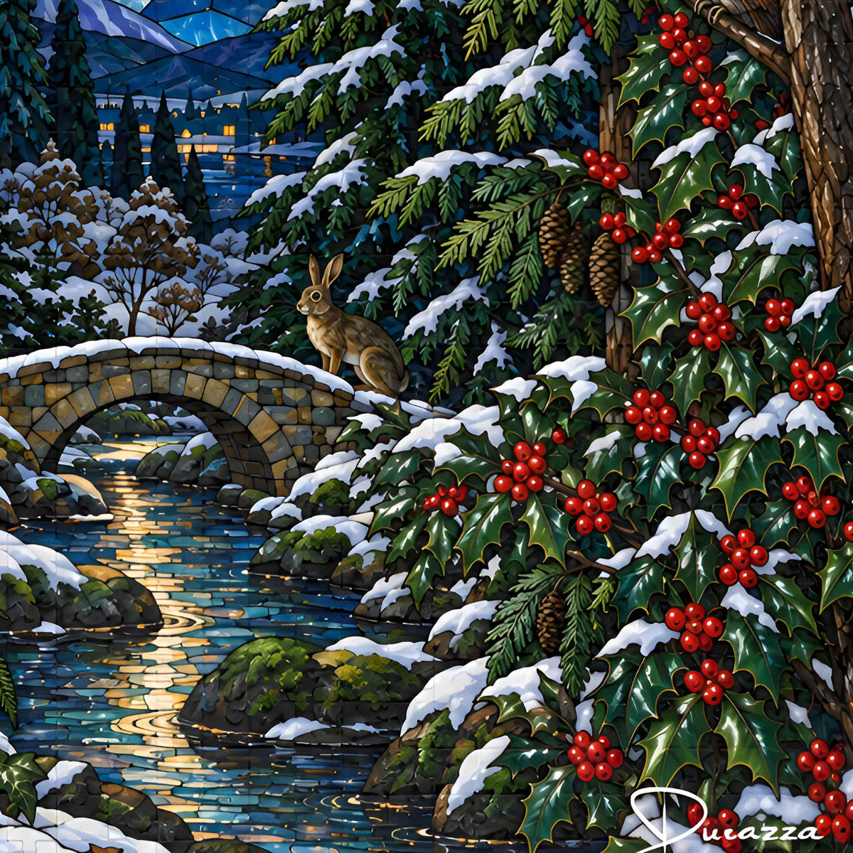 Close-up of Woodland Chapel jigsaw puzzle showing a snowy stone bridge, moonlit stream, and red holly berries.