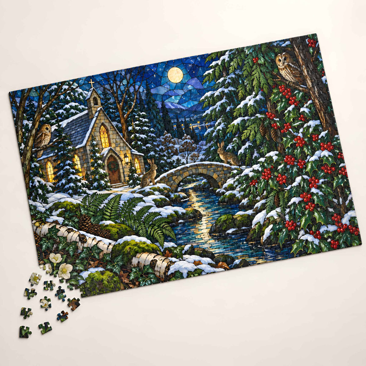 Woodland Chapel wooden jigsaw puzzle with a stained glass style snowy church, owls, rabbits, and a moonlit stream.