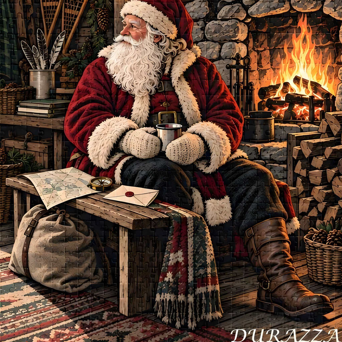Part of a jigsaw puzzle close-up of Santa holding a warm drink beside the fireplace inside his rustic woodland lodge.