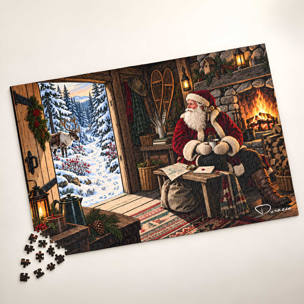 Santa’s Lodge Christmas jigsaw puzzle showing Santa beside a stone fireplace with a reindeer outside the open cabin door.