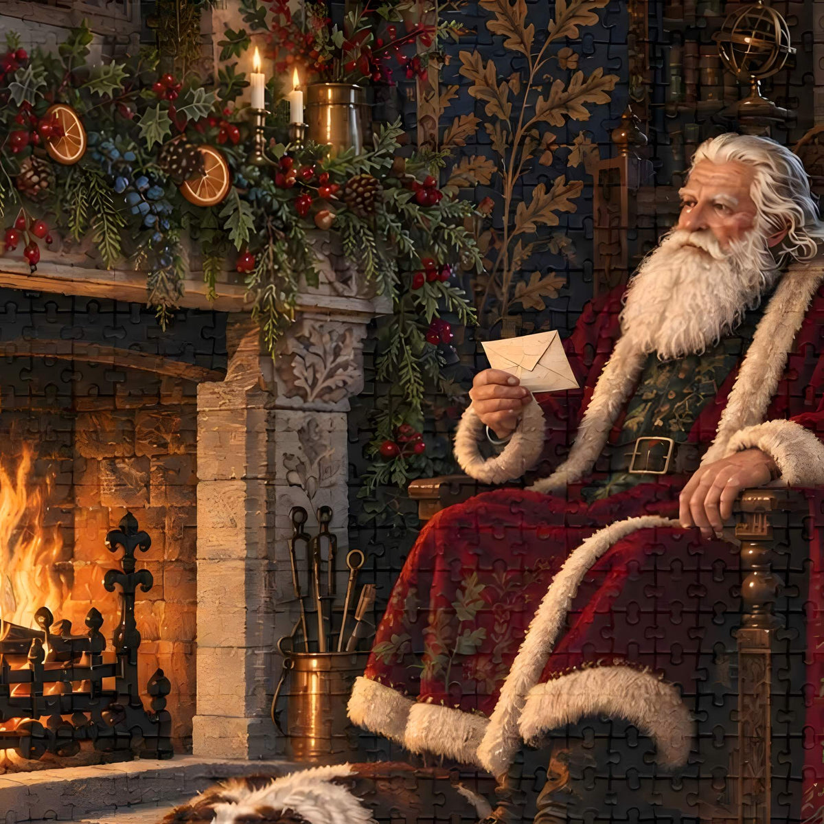 Close-up of Santa holding a Christmas letter beside the decorated fireplace in the Santa’s Eve jigsaw puzzle.