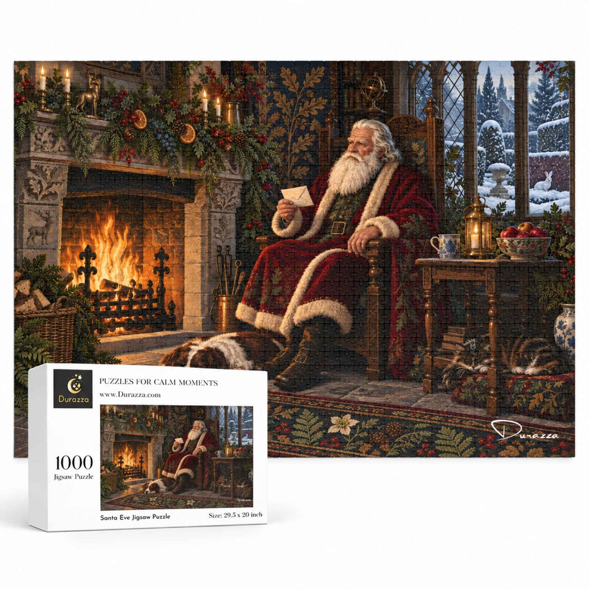 Santa’s Eve Christmas puzzle detail showing the complete Santa artwork and a close-up of the 1000 piece jigsaw pieces.