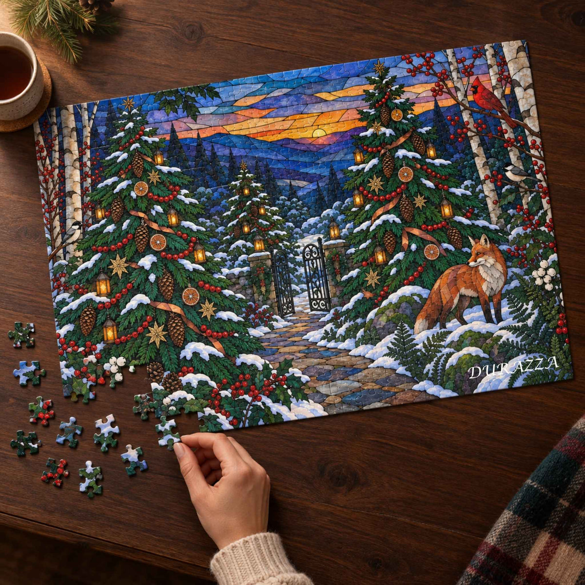 A partially assembled stained glass Christmas jigsaw puzzle showing a snowy forest scene with glowing trees, a fox, and a gate, placed on a wooden table. A hand is holding a loose puzzle piece, and a mug is visible in the top left corner.