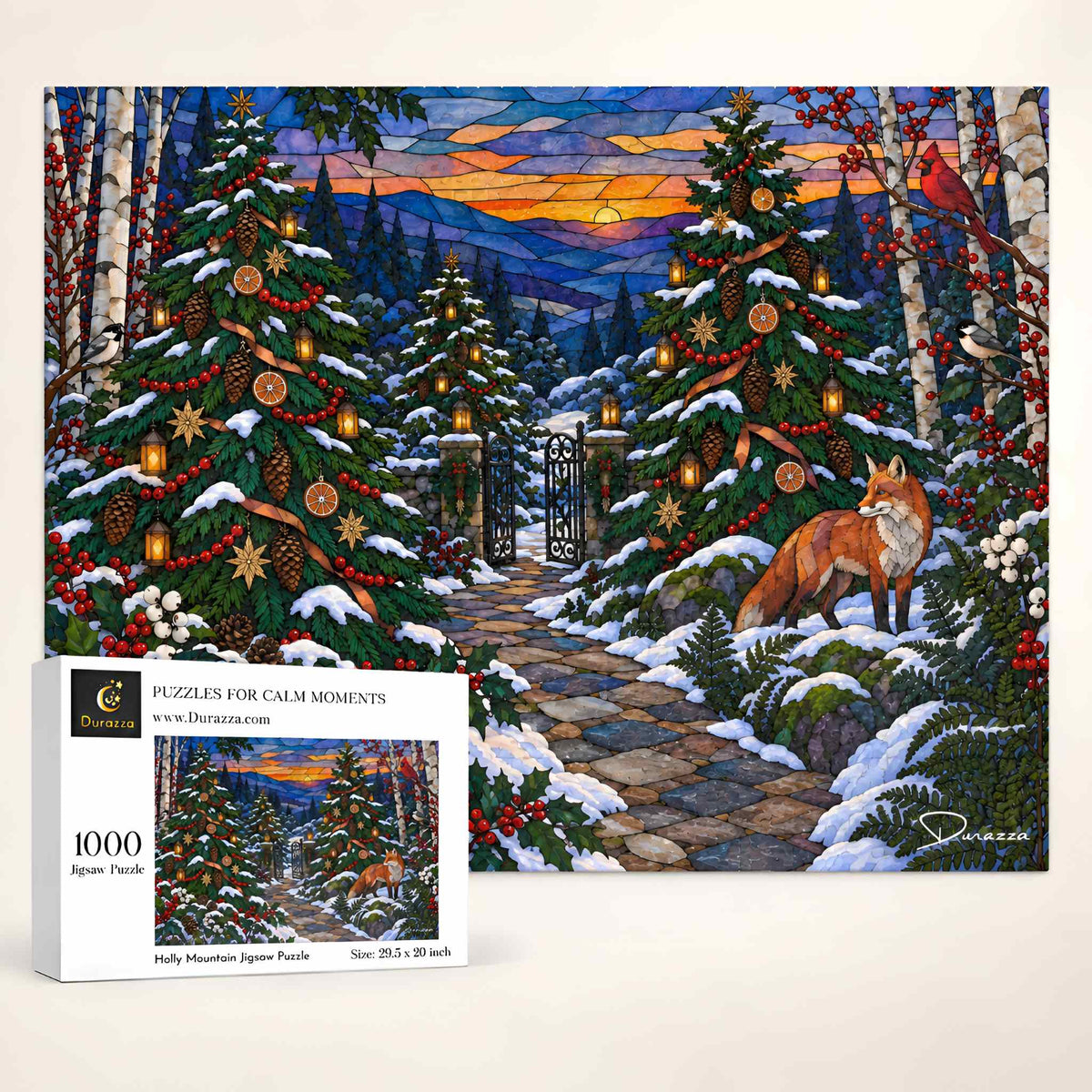 A completed stained-glass-style winter forest puzzle with a fox standing by a stone path, shown alongside its retail box. The artwork features snow-covered evergreen trees, red garlands, glowing lanterns, birch trees, and a sunset sky in blue, purple, orange, and yellow tones.