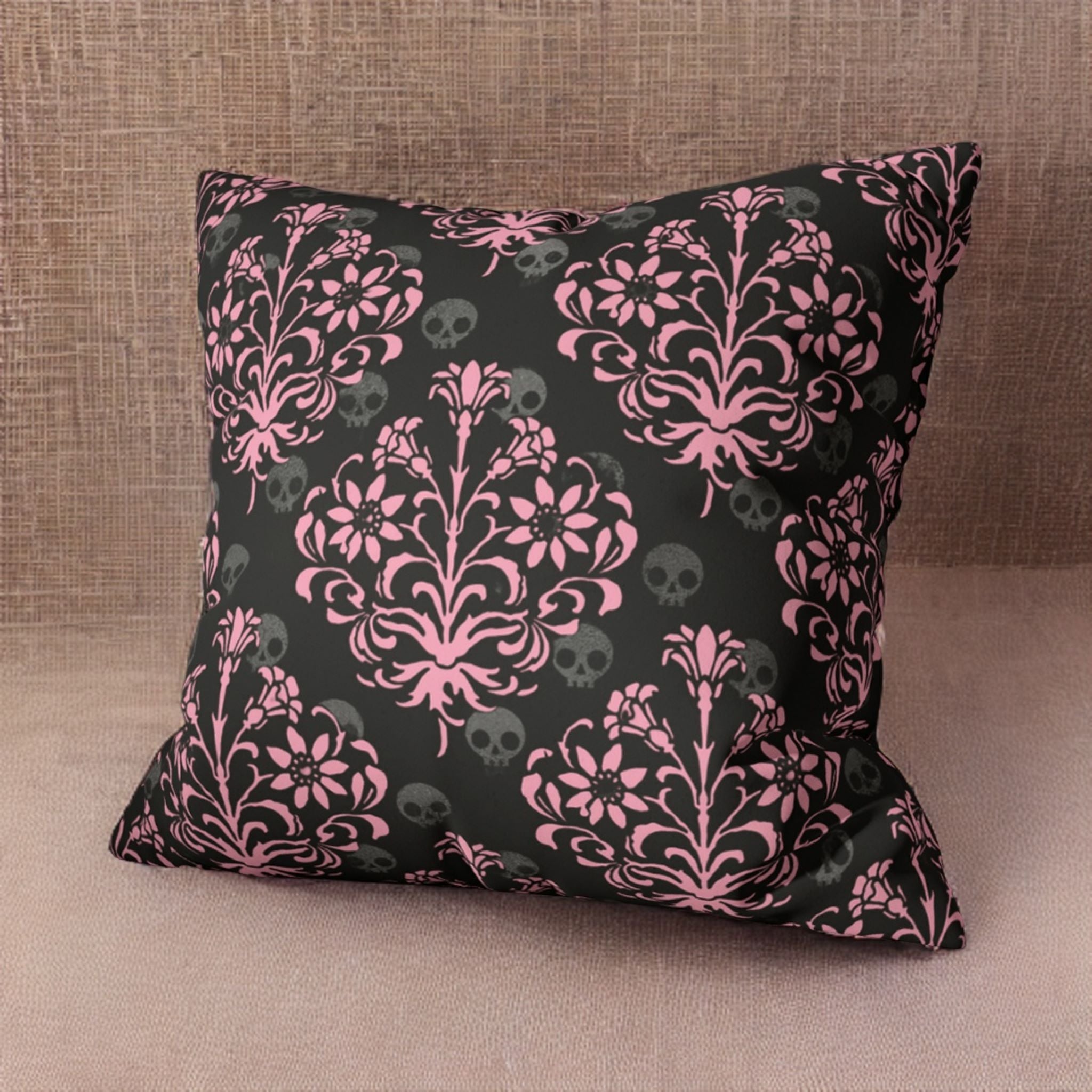 Pastel Gothic Damask Skulls Decorative Pillow Cover in Faux Suede