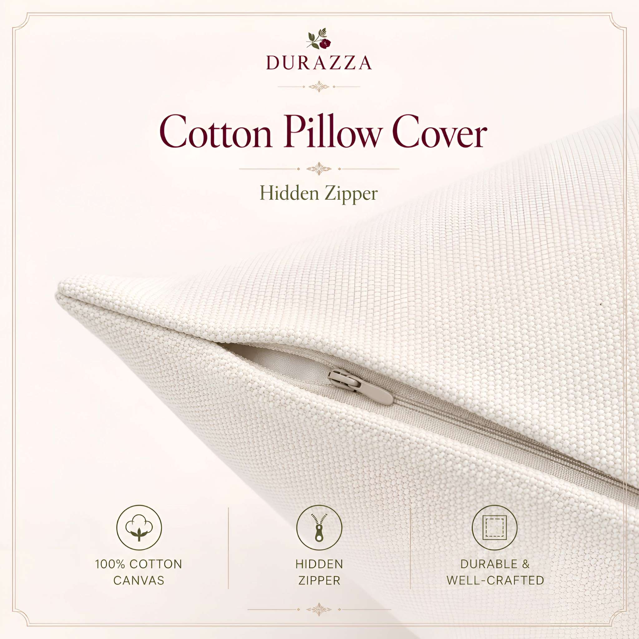 A close-up of a white textured cotton pillow cover with a partially unzipped edge, shown on a light cream background with the brand name DURAZZA and text reading 'Cotton Pillow Cover' and 'Hidden Zipper.'.