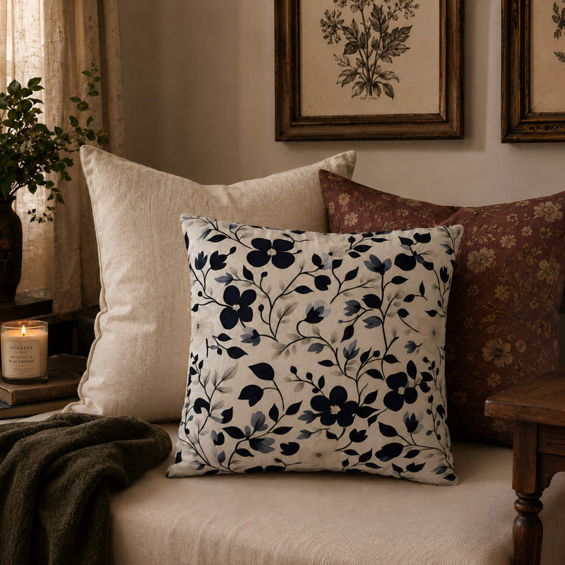 Pillow covers collection with printed floral pillow covers styled on a cream sofa with candlelight and botanical wall art.