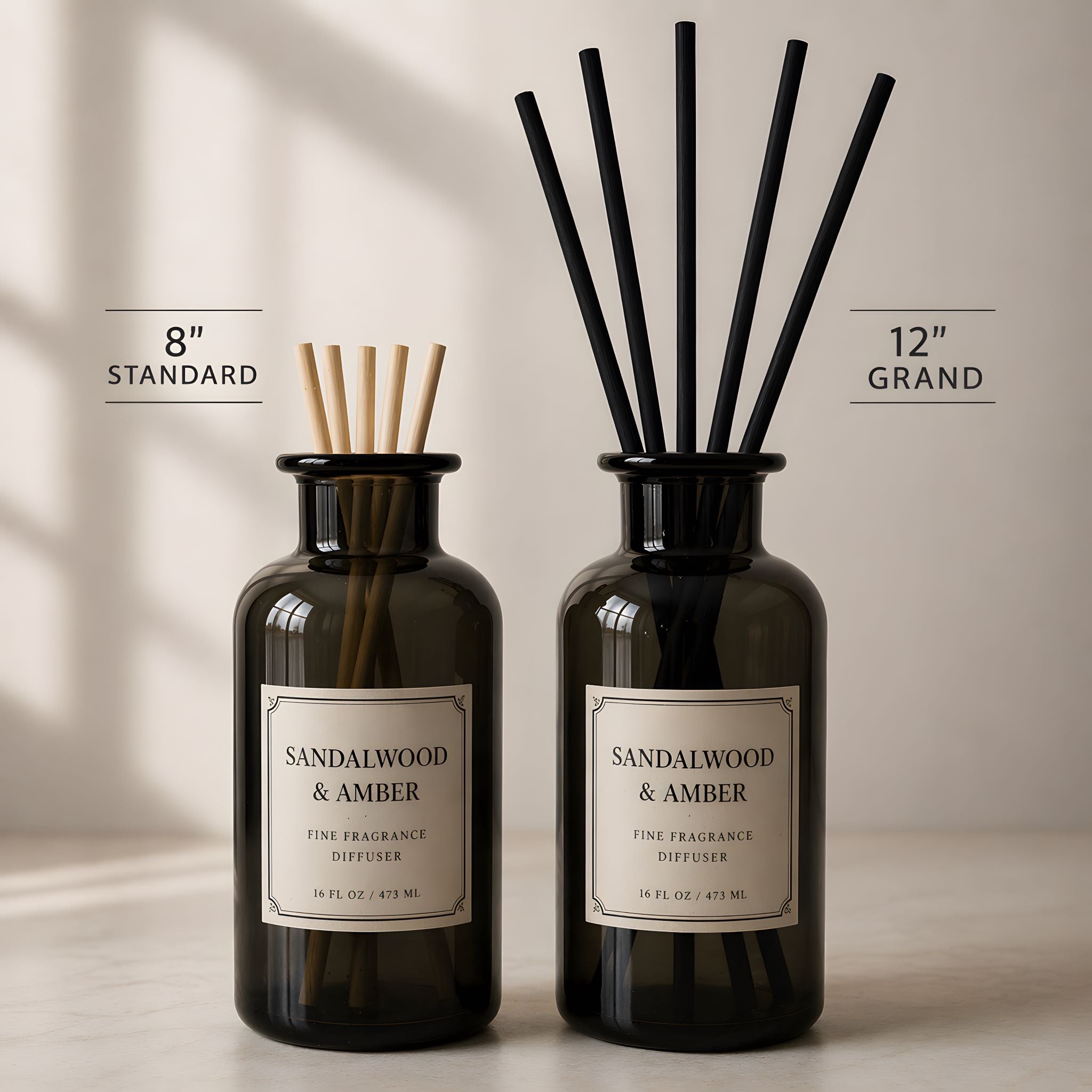 Comparison between standard wood diffusers and Durazza's premium cotton diffusers, on a neutral background.