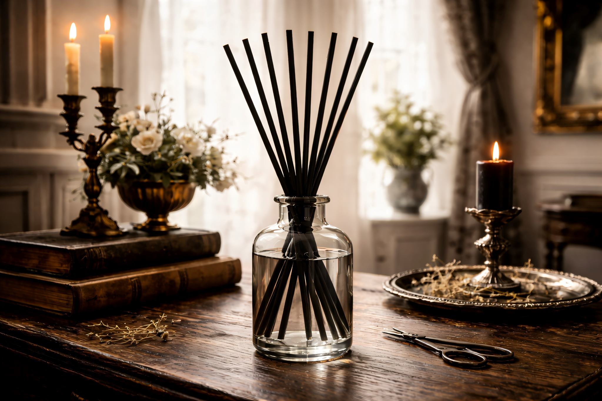 Diffuser with black reed sticks on a wooden table with candles and flowers in the background