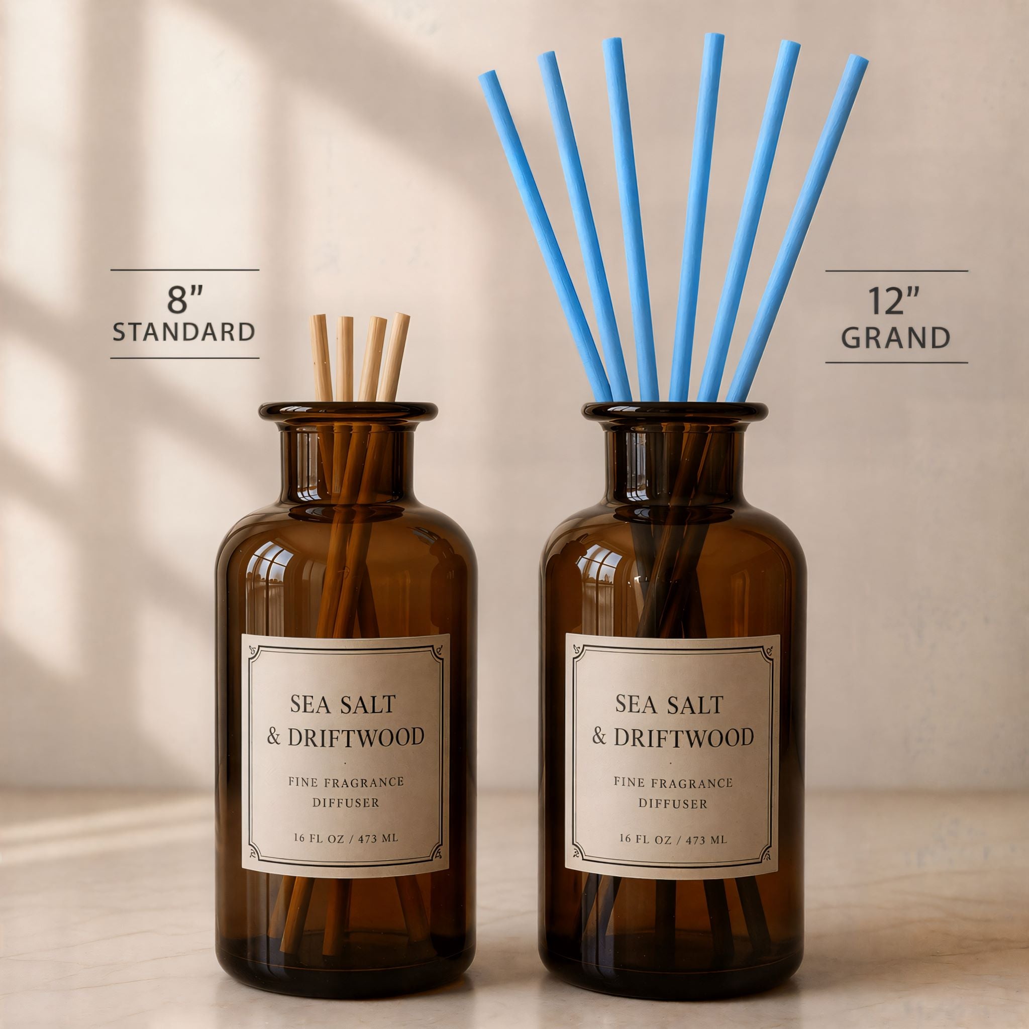 Comparison of standard 8-inch wood reeds and Durazza's 12-inch cotton diffuser reeds on a neutral background. 