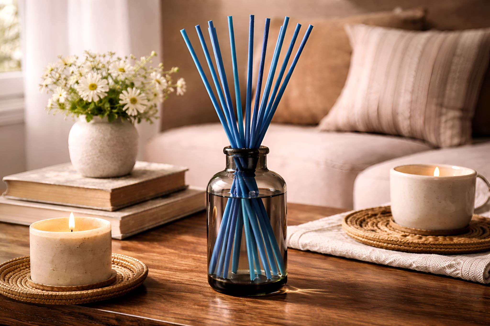 Blue diffuser reeds in a tall jar with a candle, books, flowers on a wooden table.