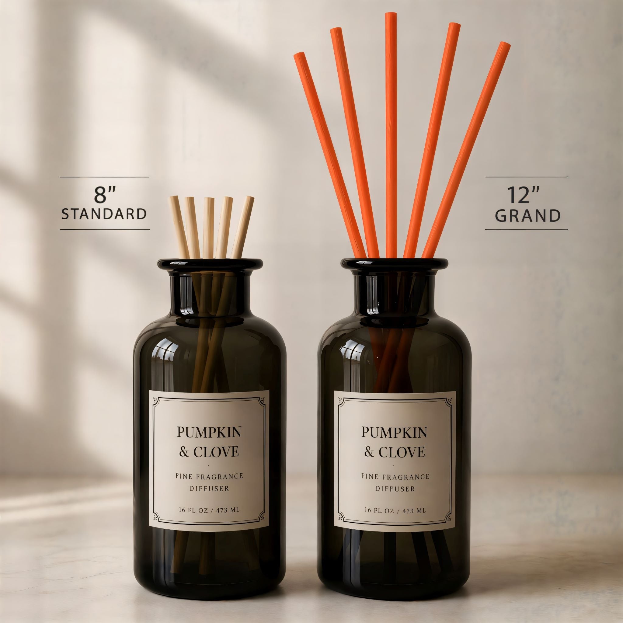 Size comparison of '8" Standard' wood reeds and Durazza's '12" Grand' premium diffuser reeds.