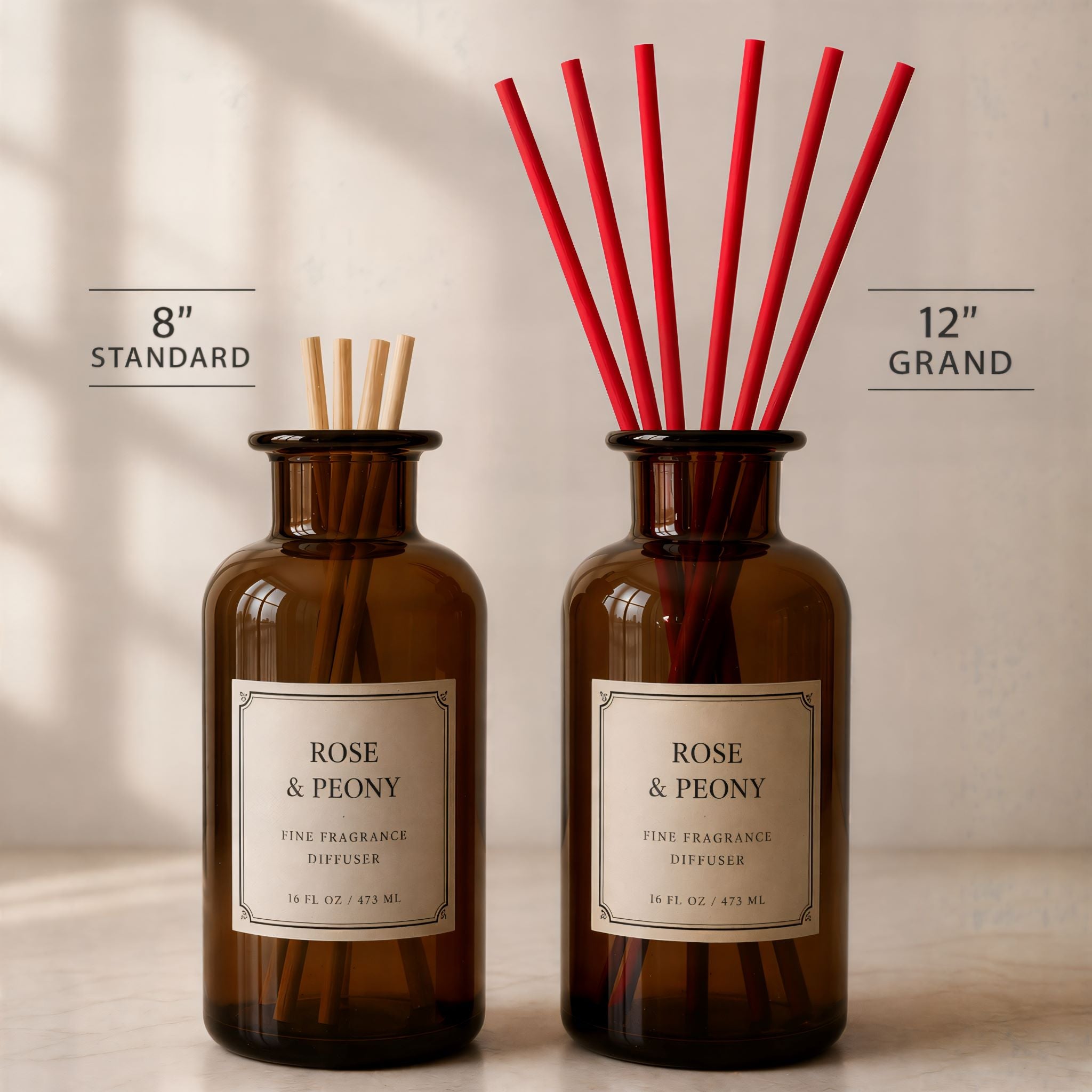 Comparison between standard 8 inch wood sticks and Durazza's premium cotton diffuser reeds in 12 inches.
