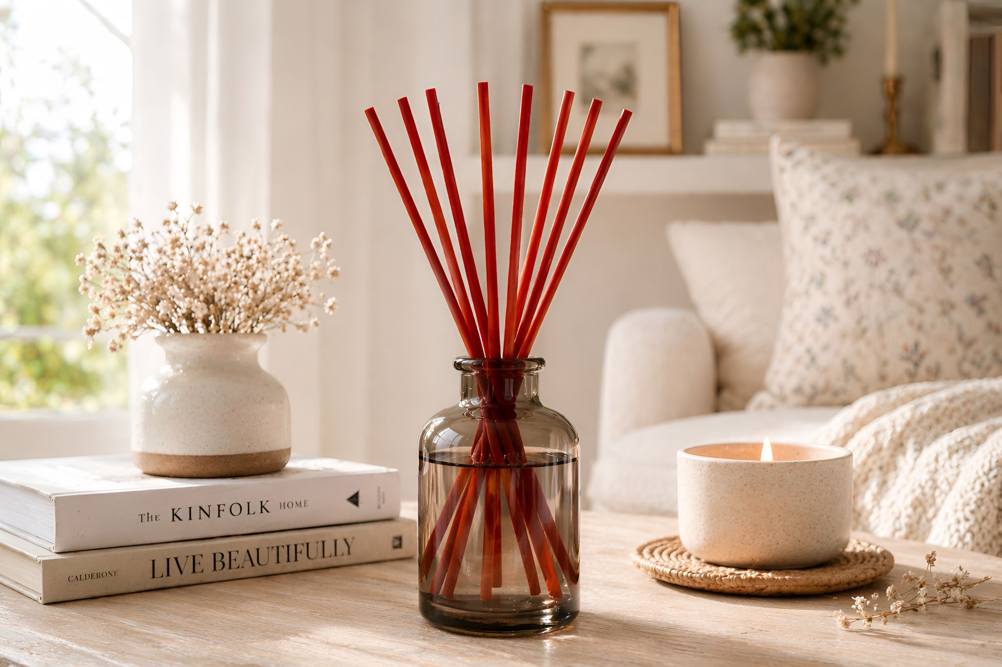 Decorative tall diffuser bottle with red reeds on a table with books and a candle.