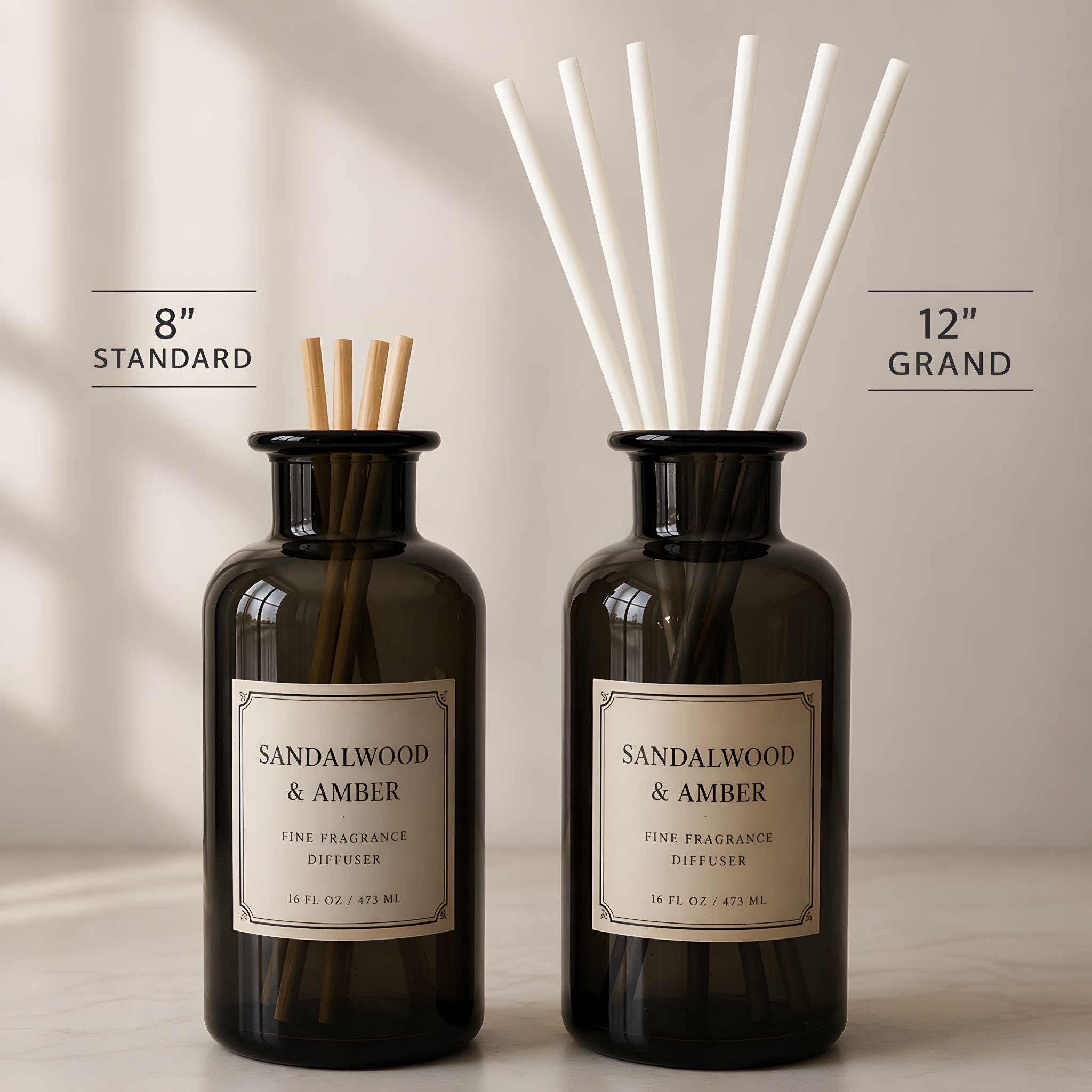 Comparison of standard wood diffusers and Durazza's premium cotton diffusers with different heights on a neutral background